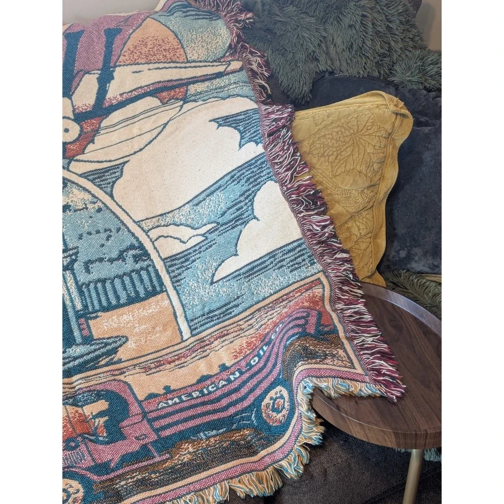 Vintage Amoco Gas Station Tapestry Fringe Throw Blanket American Oil Co Woven